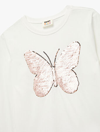 Pullu Payetli Uzun Kollu Bisiklet Yaka Pamuklu Tişört