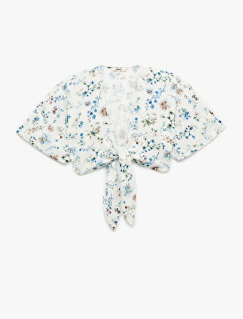 Yarım Kol V Yaka Kruvaze Önden Bağlama Detaylı Çiçekli Crop Bluz