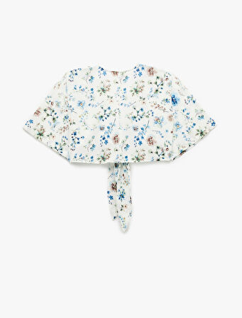 Yarım Kol V Yaka Kruvaze Önden Bağlama Detaylı Çiçekli Crop Bluz