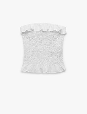 Pamuklu Fırfırlı Gipeli Straplez Yaka Kolsuz Crop Bluz