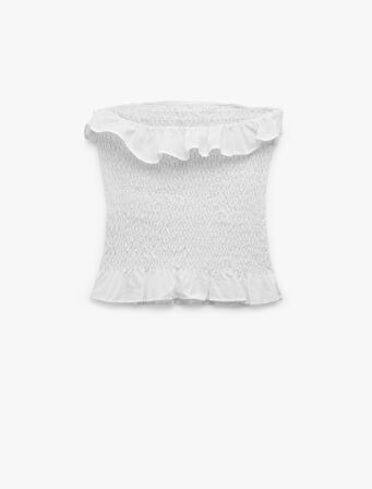 Pamuklu Fırfırlı Gipeli Straplez Yaka Kolsuz Crop Bluz