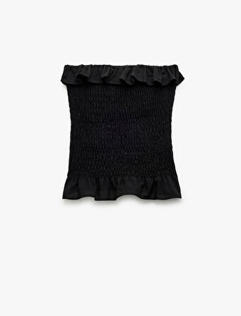 Pamuklu Fırfırlı Gipeli Straplez Yaka Kolsuz Crop Bluz