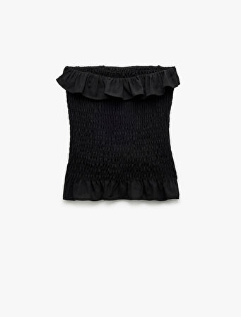 Pamuklu Fırfırlı Gipeli Straplez Yaka Kolsuz Crop Bluz