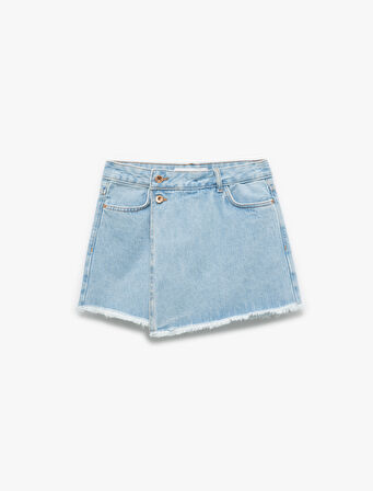 Pamuklu Düğme Detaylı Cepli Asimetrik Mini Denim Şort Etek