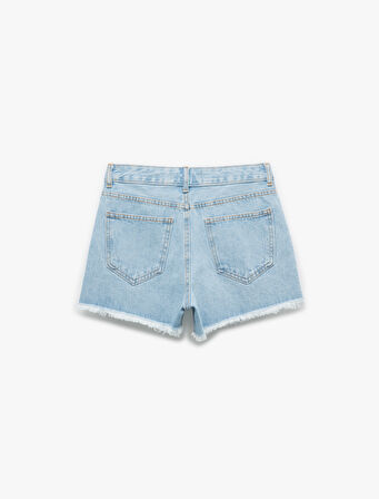 Pamuklu Düğme Detaylı Cepli Asimetrik Mini Denim Şort Etek