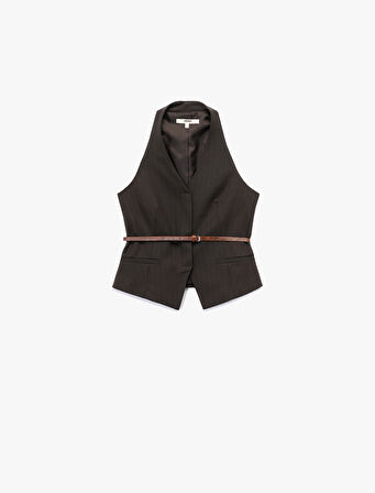 Kolsuz Düğmeli Kemerli Halter Yaka Yelek