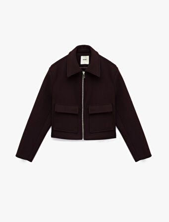 Uzun Kollu Cepli Fermuarlı Kısa Kaşe Mont