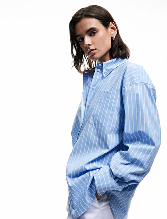Klasik Yaka Uzun Kollu Oversize Poplin Gömlek