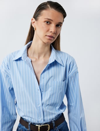 Klasik Yaka Uzun Kollu Oversize Poplin Gömlek