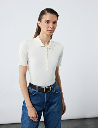 Viskon Karışımlı Kısa Kollu Düğmeli Triko Polo Yaka Kazak