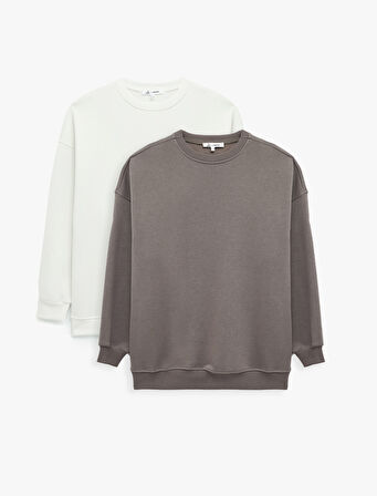 Rahat Kalıp Uzun Kollu Bisiklet Yaka Pamuklu Basic 2'li Sweatshirt Seti