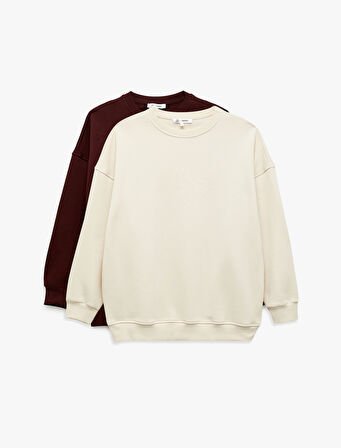 Şardonlu Uzun Kollu Bisiklet Yaka Oversize 2'li Sweatshirt Seti