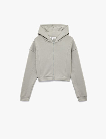 Şardonlu Uzun Kollu Fermuarlı Kapüşonlu Oversize Sweatshirt
