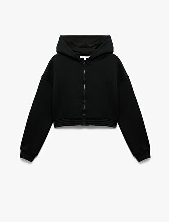 Şardonlu Uzun Kollu Fermuarlı Kapüşonlu Oversize Sweatshirt