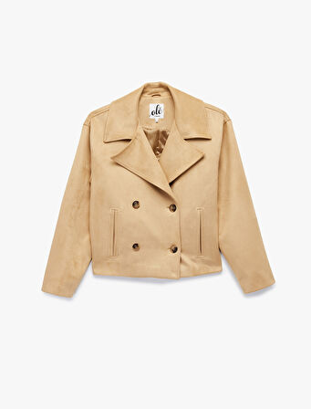 Kruvaze Yaka Düğmeli Cep Detaylı Uzun Kollu Suni Süet Ceket