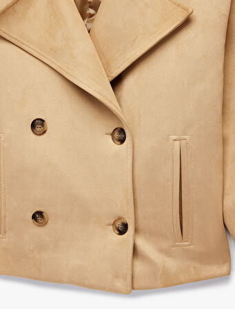 Kruvaze Yaka Düğmeli Cep Detaylı Uzun Kollu Suni Süet Ceket