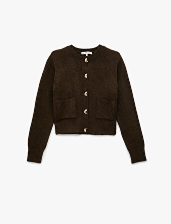 Uzun Kollu Bisiklet Yaka Cep Detaylı Düğmeli Hırka