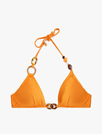 Dokulu Aksesuarlı Derin V Yaka Bikini Üstü