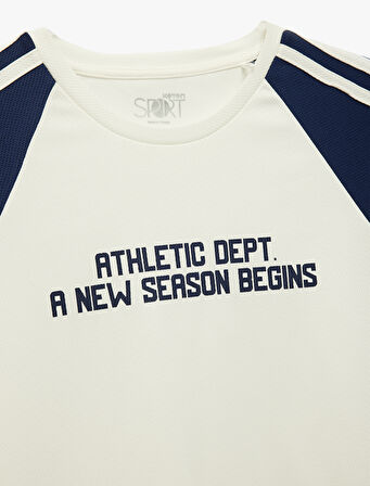 Kısa Kollu Bisiklet Yaka Baskılı Çizgili Oversize Spor Tişört