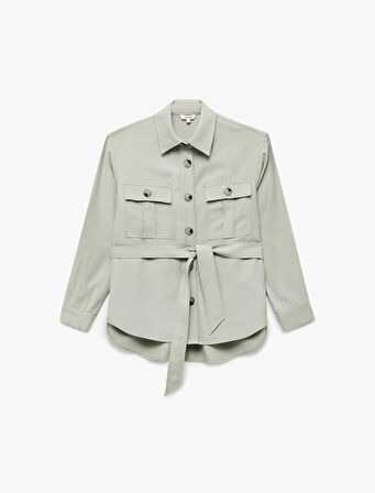 Viskon Kumaş Klasik Yaka Uzun Kollu Kemerli Gömlek Ceket