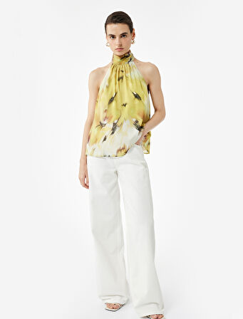 Desenli Halter Yaka Şifon Bluz