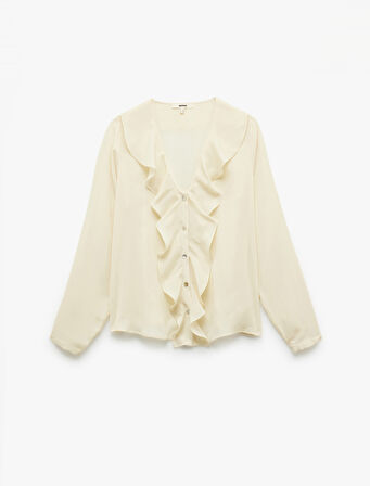 Krep Kumaş Uzun Kollu V Yaka Volümlü Fırfırlı Gömlek 