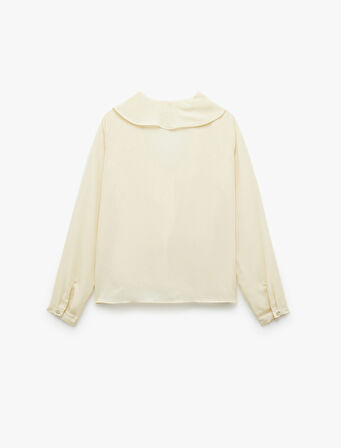 Krep Kumaş Uzun Kollu V Yaka Volümlü Fırfırlı Gömlek 