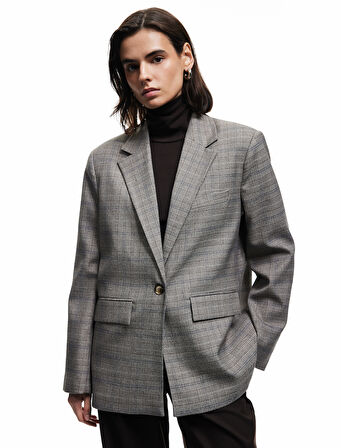 Kruvaze Cepli Uzun Kollu Ekose Oversize Blazer Ceket