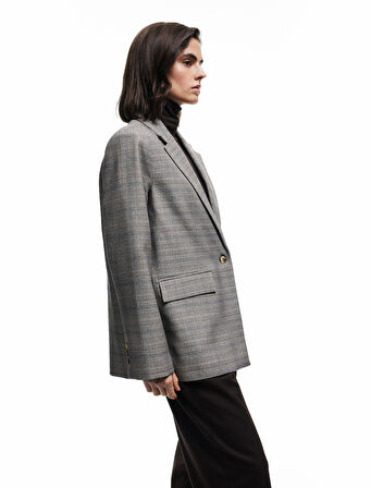 Kruvaze Cepli Uzun Kollu Ekose Oversize Blazer Ceket