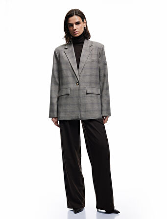 Kruvaze Cepli Uzun Kollu Ekose Oversize Blazer Ceket