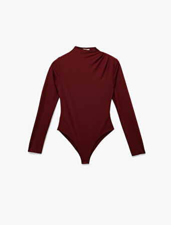 Slim Fit Hafif Dik Yaka Drape Detaylı Uzun Kollu Bodysuit