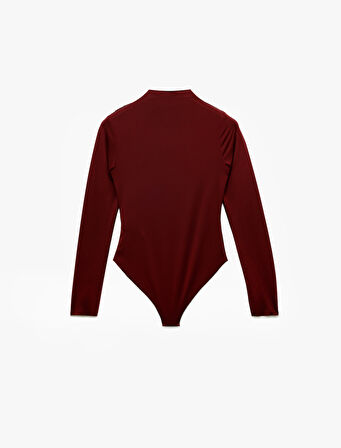 Slim Fit Hafif Dik Yaka Drape Detaylı Uzun Kollu Bodysuit