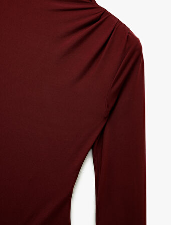 Slim Fit Hafif Dik Yaka Drape Detaylı Uzun Kollu Bodysuit