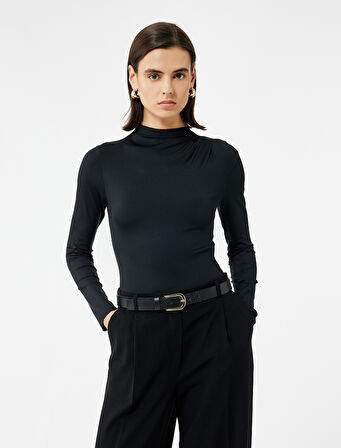 Slim Fit Hafif Dik Yaka Drape Detaylı Uzun Kollu Bodysuit