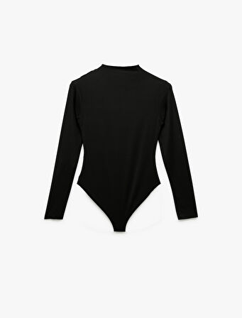 Slim Fit Hafif Dik Yaka Drape Detaylı Uzun Kollu Bodysuit