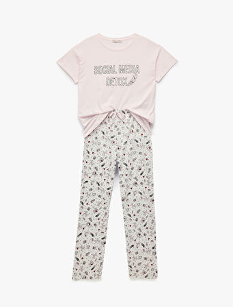 Pamuklu Kısa Kollu Bisiklet Yaka Baskılı Pijama Takımı