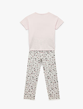 Pamuklu Kısa Kollu Bisiklet Yaka Baskılı Pijama Takımı