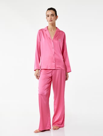Uzun Kollu Kalpli Gömlek Yaka Saten Pijama Üstü