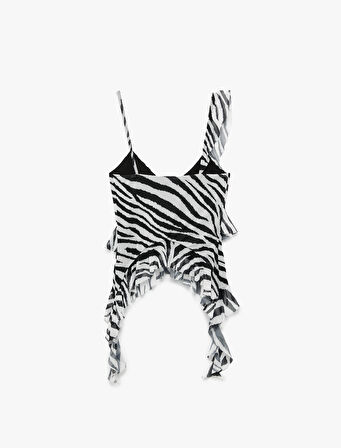 Zebra Desenli Asimetrik Kesim İnce Askılı Tül Fırfırlı Bluz