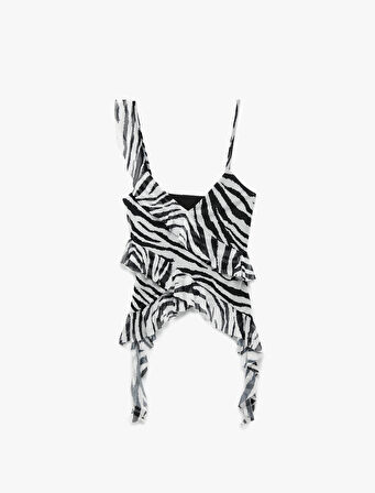 Zebra Desenli Asimetrik Kesim İnce Askılı Tül Fırfırlı Bluz