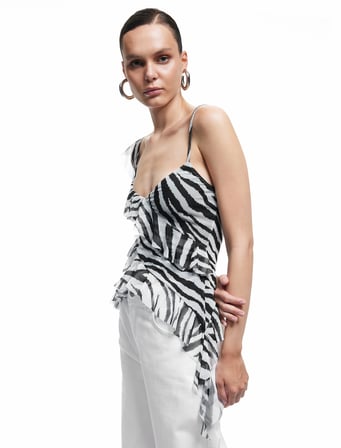 Zebra Desenli Asimetrik Kesim İnce Askılı Tül Fırfırlı Bluz