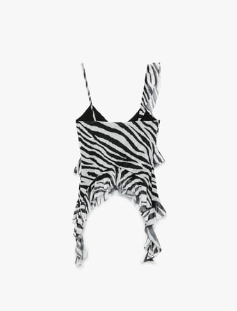 Zebra Desenli Asimetrik Kesim İnce Askılı Tül Fırfırlı Bluz