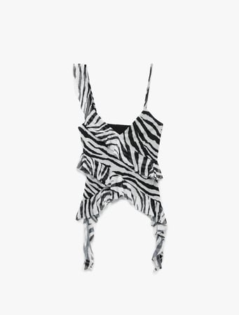 Zebra Desenli Asimetrik Kesim İnce Askılı Tül Fırfırlı Bluz