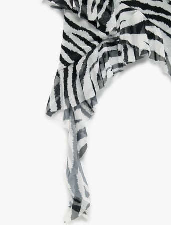 Zebra Desenli Asimetrik Kesim İnce Askılı Tül Fırfırlı Bluz