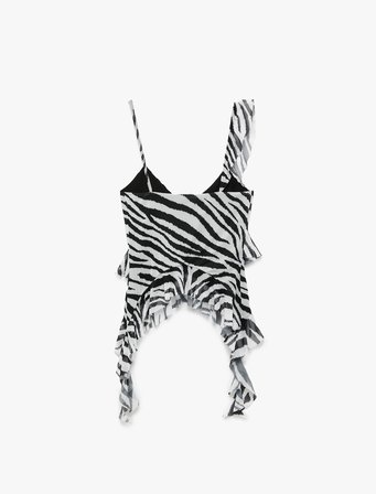 Zebra Desenli Asimetrik Kesim İnce Askılı Tül Fırfırlı Bluz