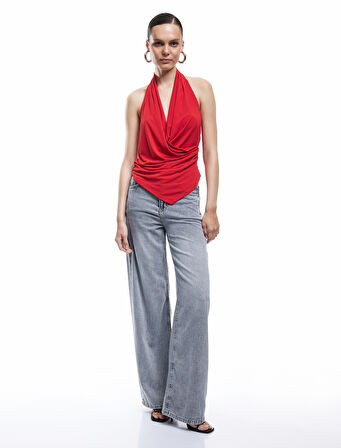 Sırt Dekolteli Asimetrik Kesim Kruvaze Degaje Yaka Bluz