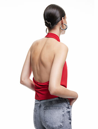 Sırt Dekolteli Asimetrik Kesim Kruvaze Degaje Yaka Bluz