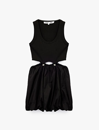 Bisiklet Yaka Rahat Kalıp Kolsuz Pencere Detaylı Balon Fit Mini Elbise