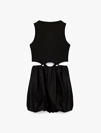 Bisiklet Yaka Rahat Kalıp Kolsuz Pencere Detaylı Balon Fit Mini Elbise