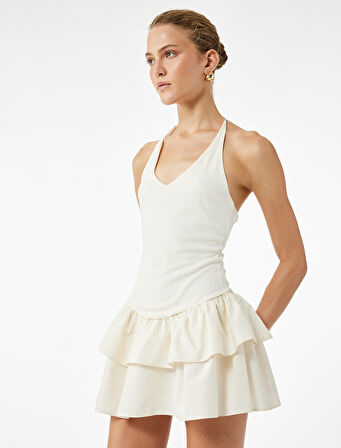 Sırt Dekolteli V Halter Yaka Fırfırlı Mini Elbise